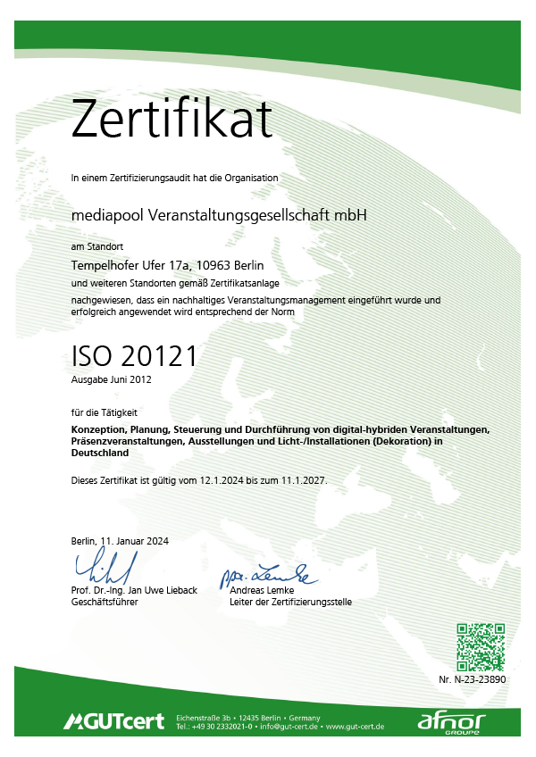 Zertifikat nach ISO 20121, Seite 1